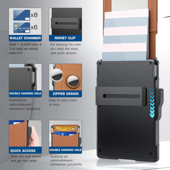 BowLift | Pop Up aluminum bag Money Clip Slim Leather Slots Credit Card Holder RFID Blocking Bifold Minimalist Wallet