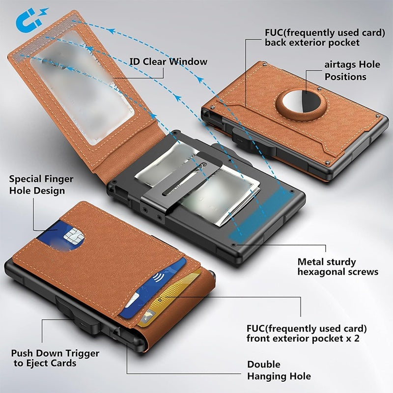BowLift | Wallet for men - with pop-up aluminum case Minimal wallet with leather money clip with space for credit cards RFID blocking