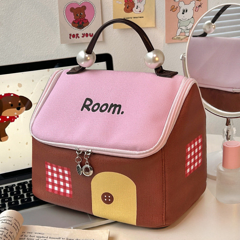 BowLift | Color block colored, house-shaped handheld cosmetic bag with large capacity