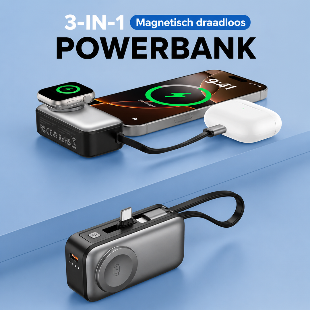 Magnetic 3-in-1 Powerbank with wireless charging | Bowlift