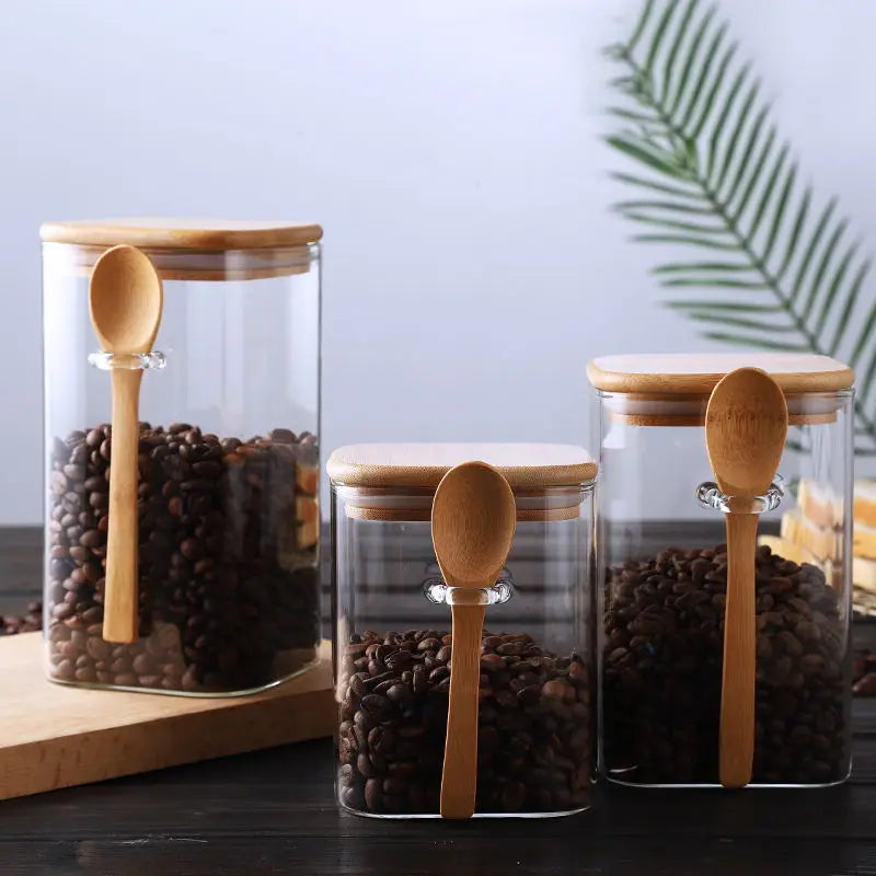 Square Glass Storage Jar with Wooden Spoon and Lid Glass Container | Bowlift