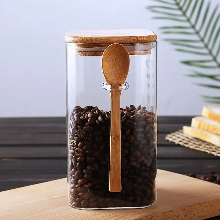 Square Glass Storage Jar with Wooden Spoon and Lid Glass Container | Bowlift