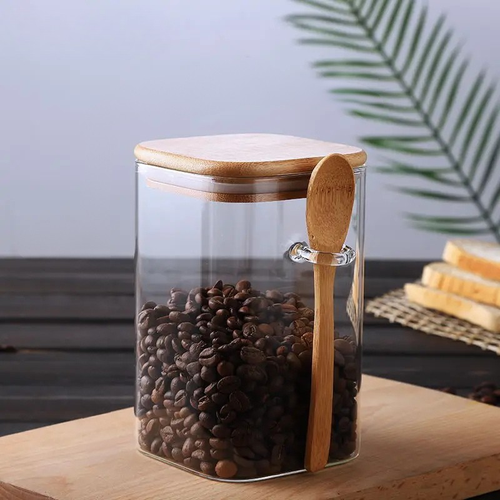 Square Glass Storage Jar with Wooden Spoon and Lid Glass Container | Bowlift