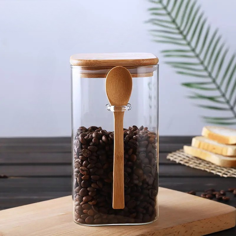 Square Glass Storage Jar with Wooden Spoon and Lid Glass Container | Bowlift