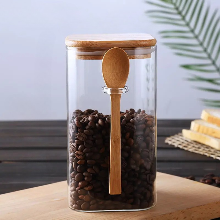 Square Glass Storage Jar with Wooden Spoon and Lid Glass Container | Bowlift