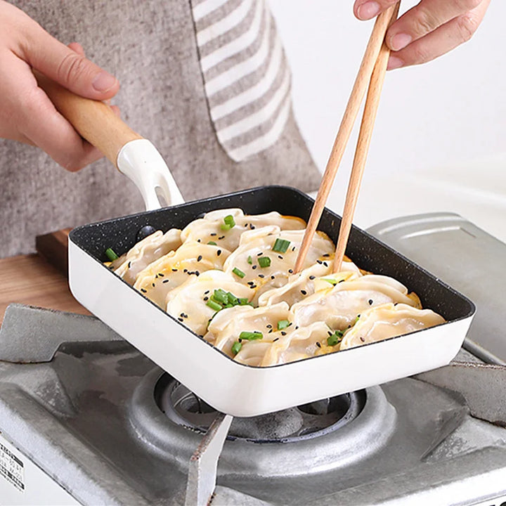 Square Maifan Stone Non Stick Frying Pan with Wooden Handle Cookware | Bowlift
