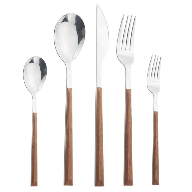 Stainless Steel Dinnerware Set Imitation Wood Marble Handle Set | Bowlift