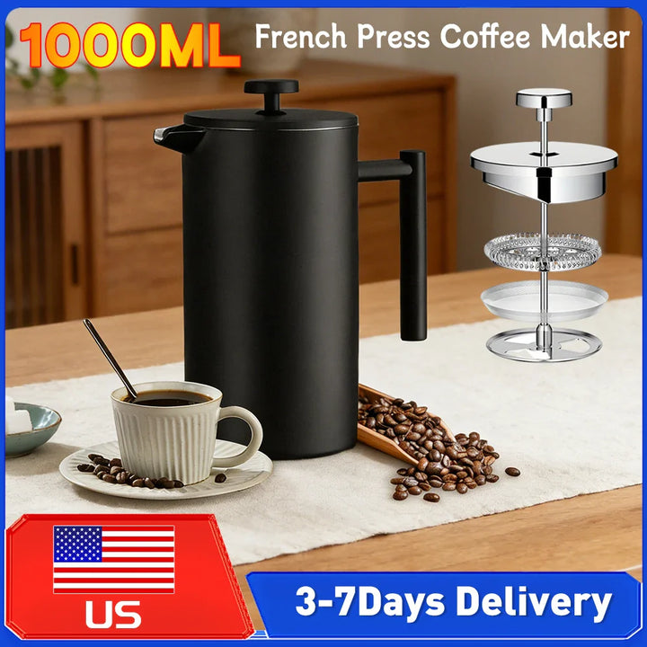 Stainless Steel French Press Double Wall Insulated Coffee Tea Maker | Bowlift