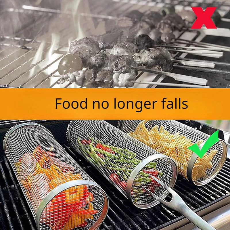Stainless Steel Grill Basket Portable Barbecue Cage Rolling Grilling Basket | Bowlift