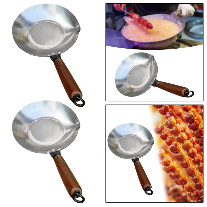 Stainless Steel Sugar Melting Pan Wok with Pour Spout Wooden Handle | Bowlift
