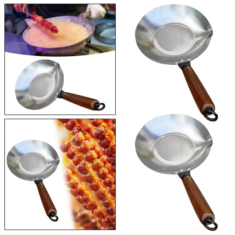 Stainless Steel Sugar Melting Pan Wok with Pour Spout Wooden Handle | Bowlift