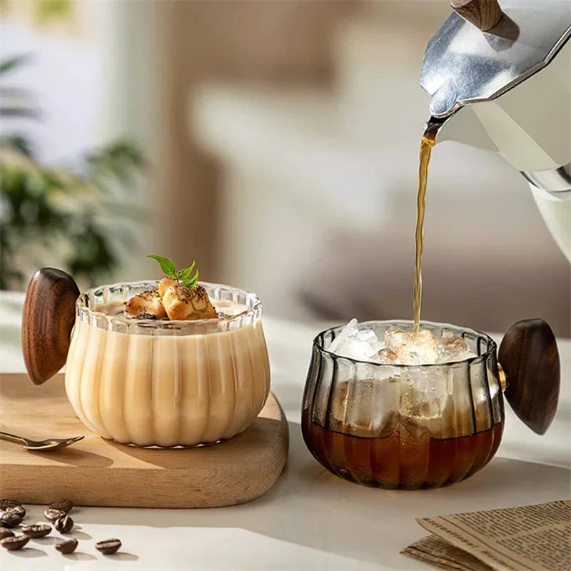 Striped Heat Resistant Silicon Glass Coffee Mug with Wooden Handle | Bowlift