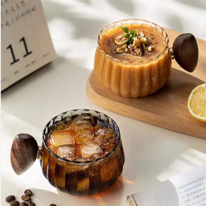 Striped Heat Resistant Silicon Glass Coffee Mug with Wooden Handle | Bowlift