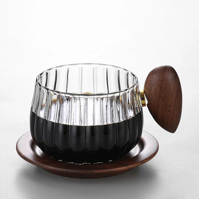 Striped Heat Resistant Silicon Glass Coffee Mug with Wooden Handle | Bowlift