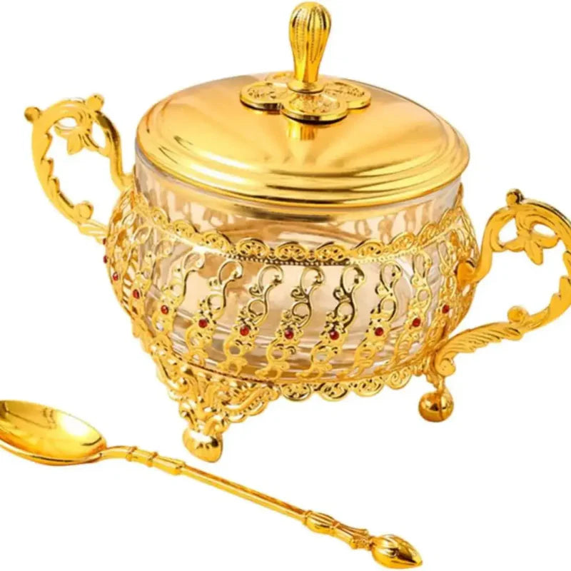 Sugar Bowl with Lid and Spoon Gold Glass Seasoning Spice Candy Jar | Bowlift