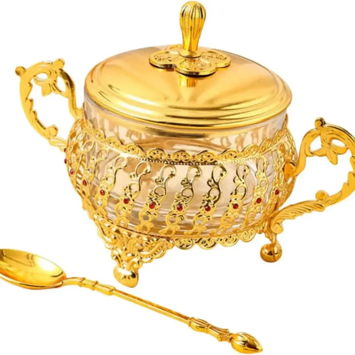 Sugar Bowl with Lid and Spoon Gold Glass Seasoning Spice Candy Jar | Bowlift