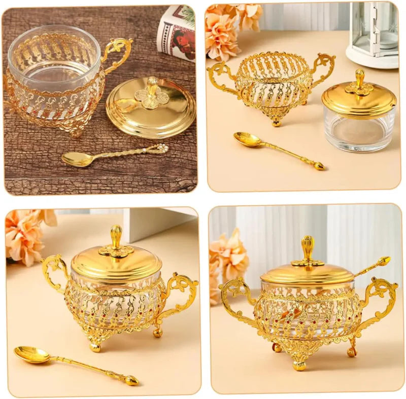 Sugar Bowl with Lid and Spoon Gold Glass Seasoning Spice Candy Jar | Bowlift
