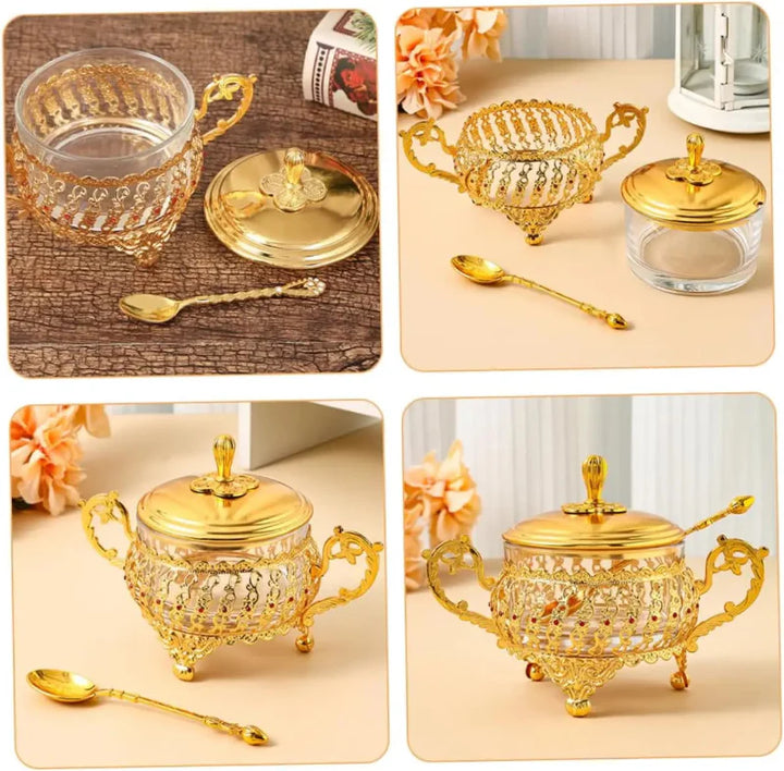 Sugar Bowl with Lid and Spoon Gold Glass Seasoning Spice Candy Jar | Bowlift