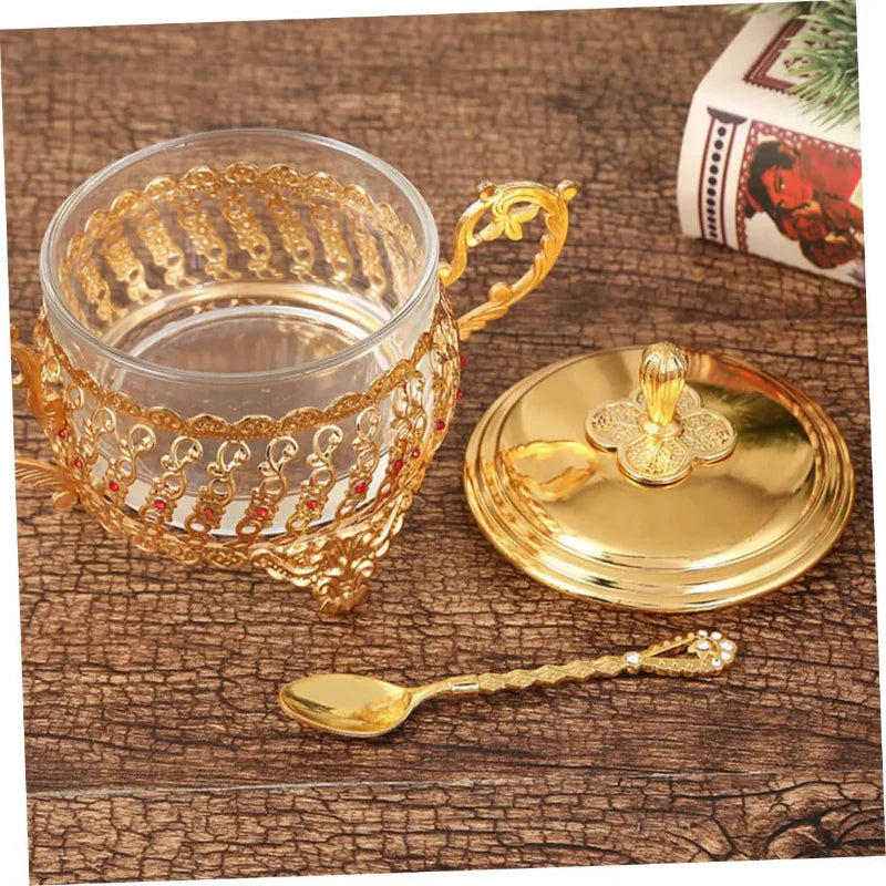 Sugar Bowl with Lid and Spoon Gold Glass Seasoning Spice Candy Jar | Bowlift