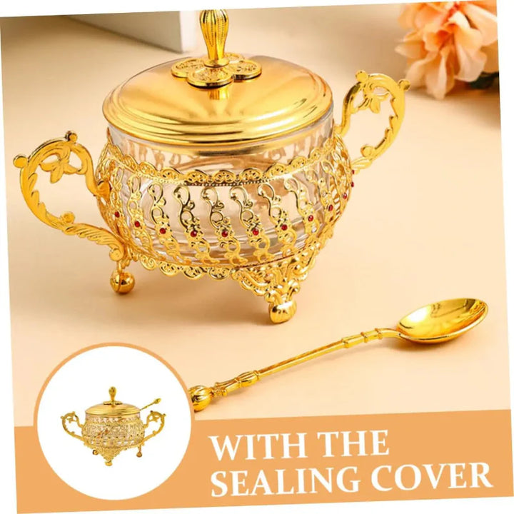 Sugar Bowl with Lid and Spoon Gold Glass Seasoning Spice Candy Jar | Bowlift