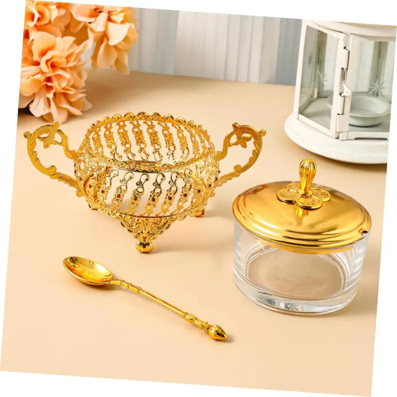 Sugar Bowl with Lid and Spoon Gold Glass Seasoning Spice Candy Jar | Bowlift