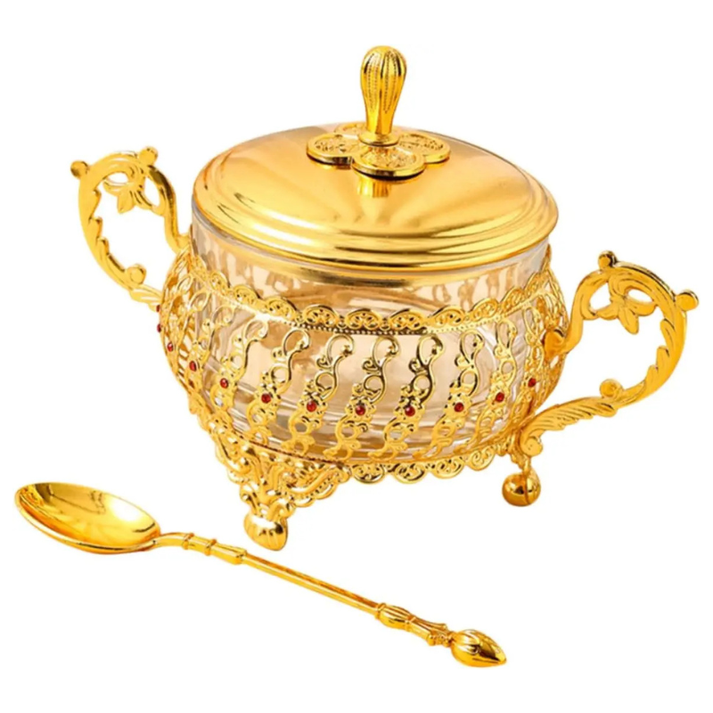 Sugar Bowl with Lid and Spoon Gold Glass Seasoning Spice Candy Jar | Bowlift
