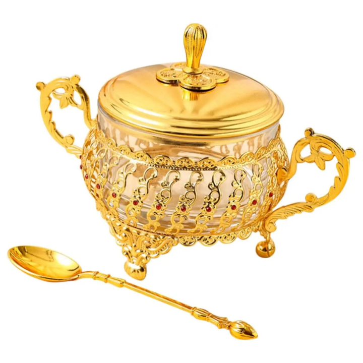 Sugar Bowl with Lid and Spoon Gold Glass Seasoning Spice Candy Jar | Bowlift