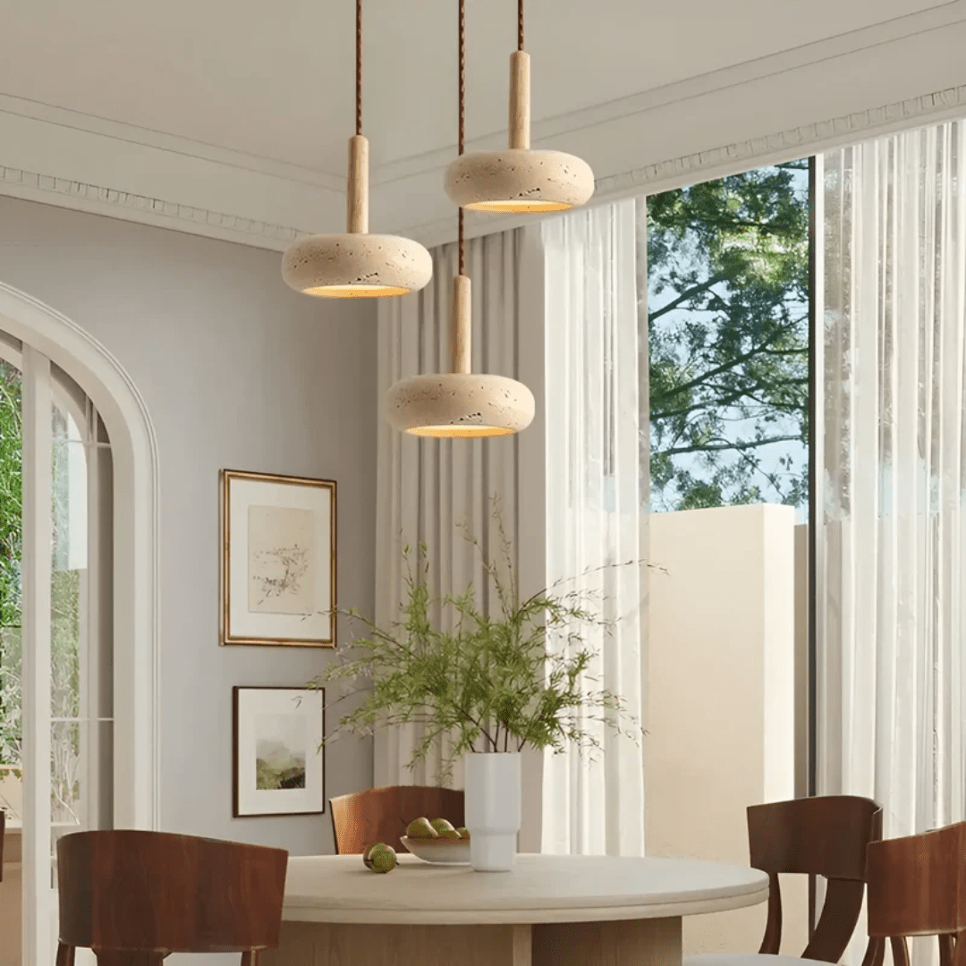 BowLift | TranquilHalo – LED Retro Ceiling Light in Stone & Wood