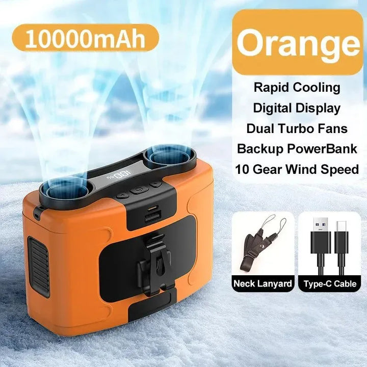 10000mAh Portable Outdoor Waist Fan – Hanging Neck & Strong Wind with Power Bank & LED Lighting | Bowlift