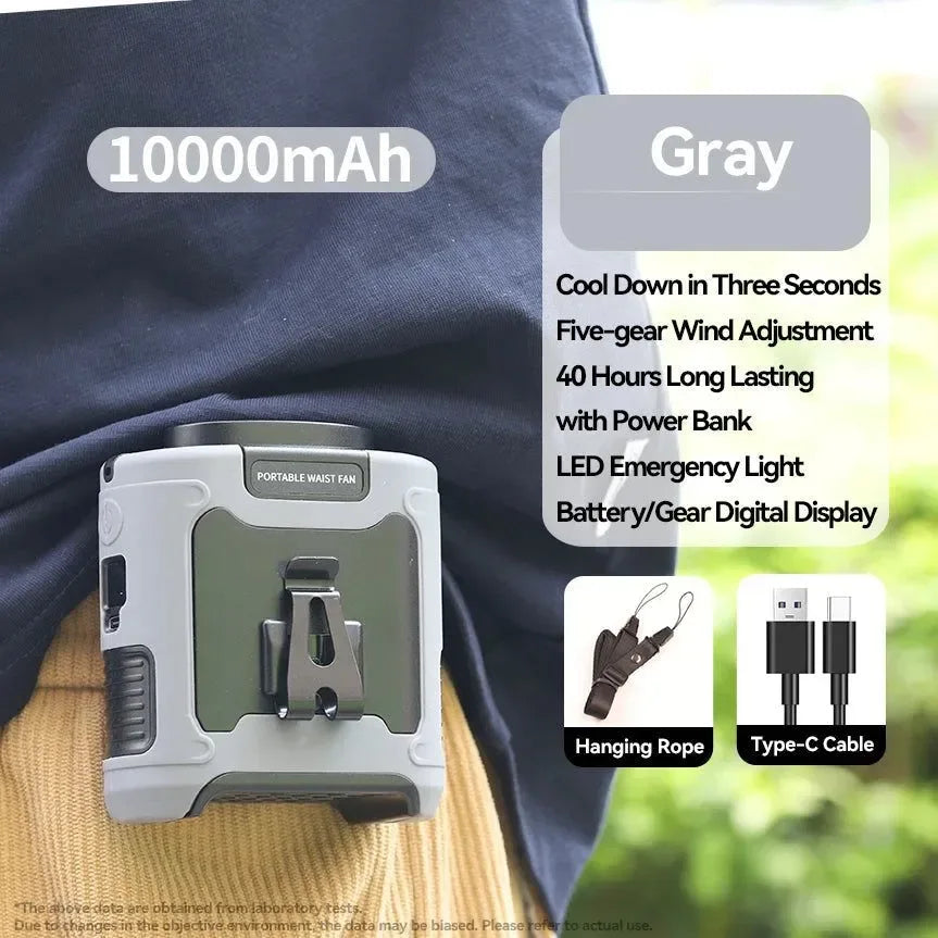 10000mAh Portable Outdoor Waist Fan – Hanging Neck & Strong Wind with Power Bank & LED Lighting | Bowlift