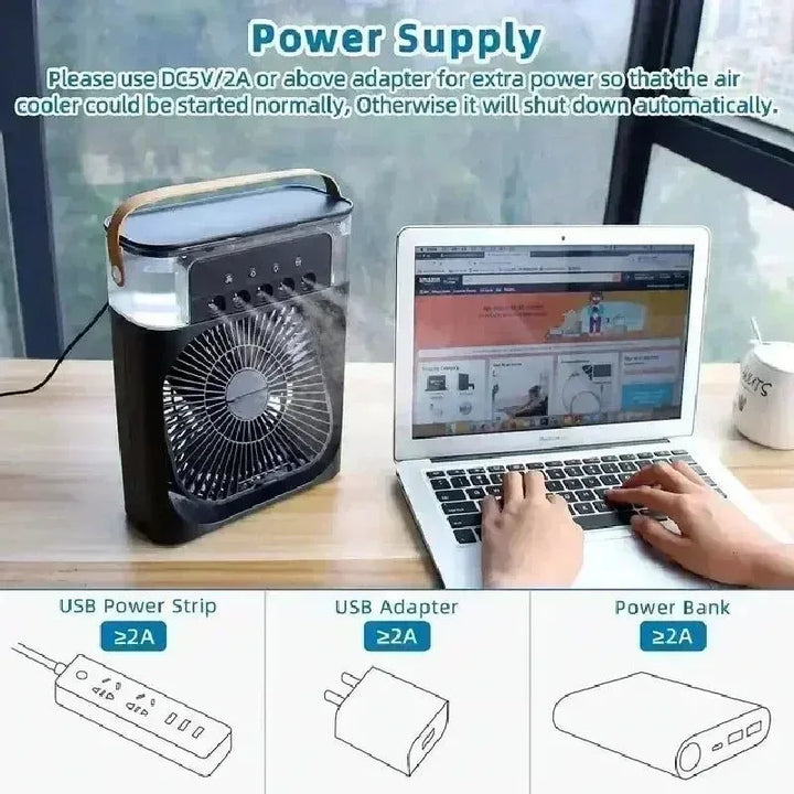 3-in-1 Portable Air Cooler with LED Lights – USB-Powered Desktop Fan, Humidifier & Night Light | Bowlift