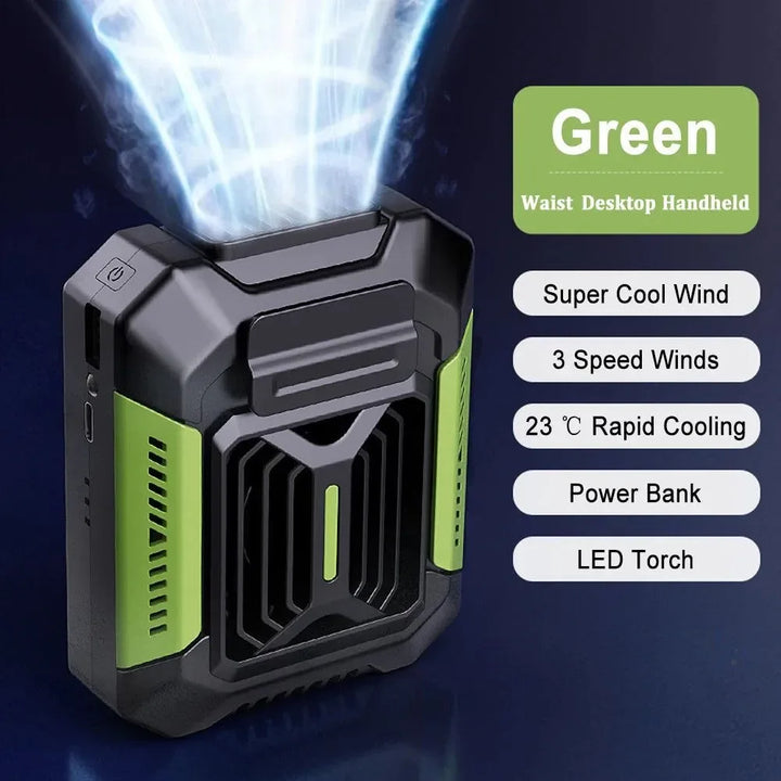 Portable Waist Clip Fan – Mini Hanging Neck & Waist Fan with Power Bank & LED Light | Bowlift