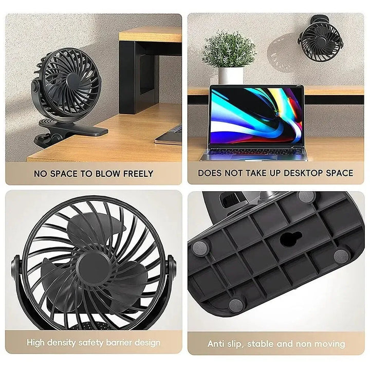 Rechargeable 720° Rotating Clip Fan with Nightlight – Portable & Versatile Cooling Solution | Bowlift