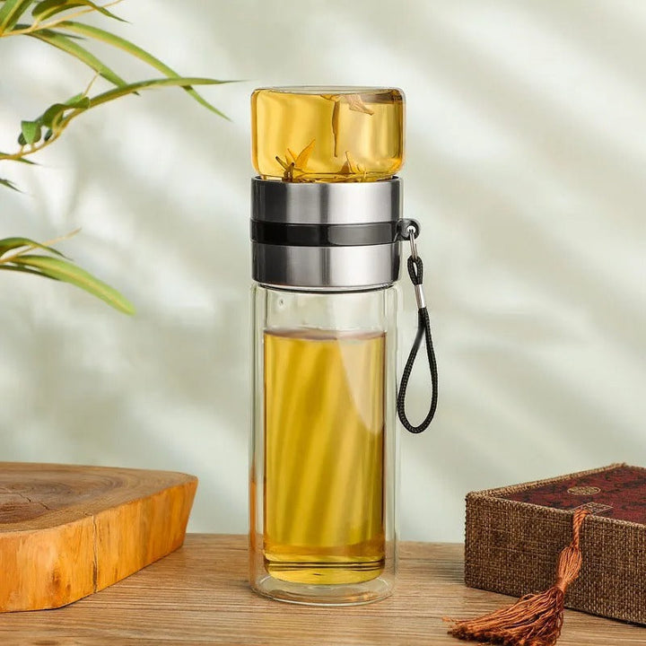 BowLift | WoodGlass Thermo – Transparent Portable Insulated Bottle with Tea Filter for Healthy Drinks On-the-Go