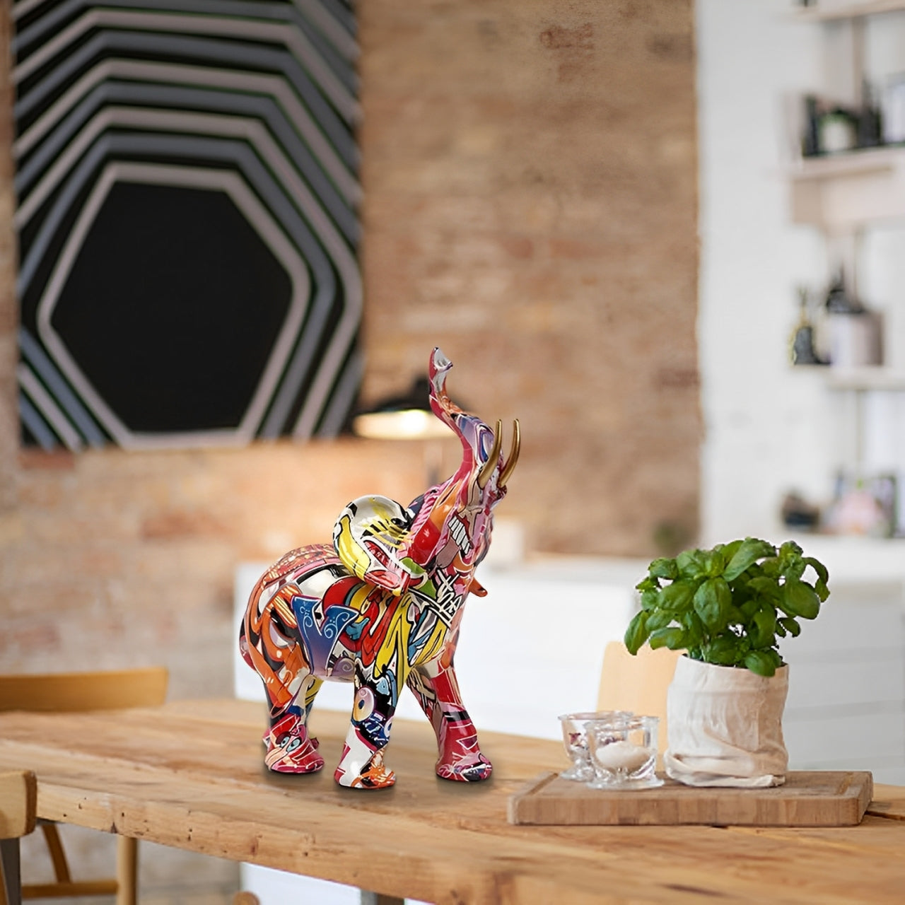 BowLift | Abstract Elephant Statue – Colourful African Design with Raised Trunk for Good Luck