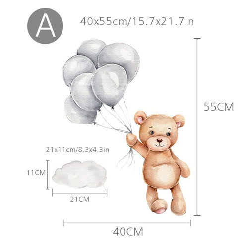 Cartoon Teddy Bear With Balloons & Clouds-Removable Wall Décor | Bowlift