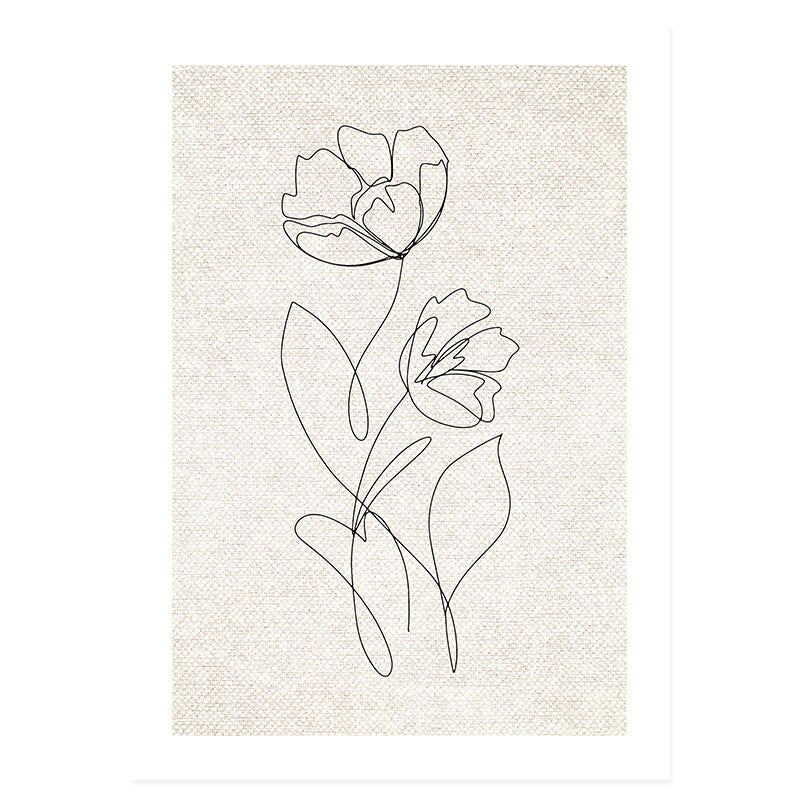 Abstract Hand Sketch Line Floral Boho Beige - Canvas Wall Art Print | Bowlift