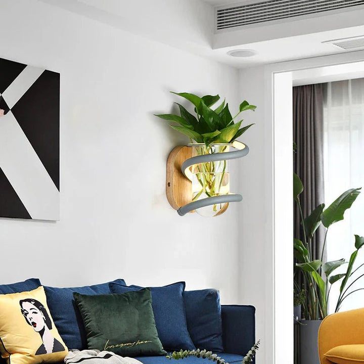 BowLift | VASELUX – Wooden Wall Lamp with Integrated LED & Decorative Vase