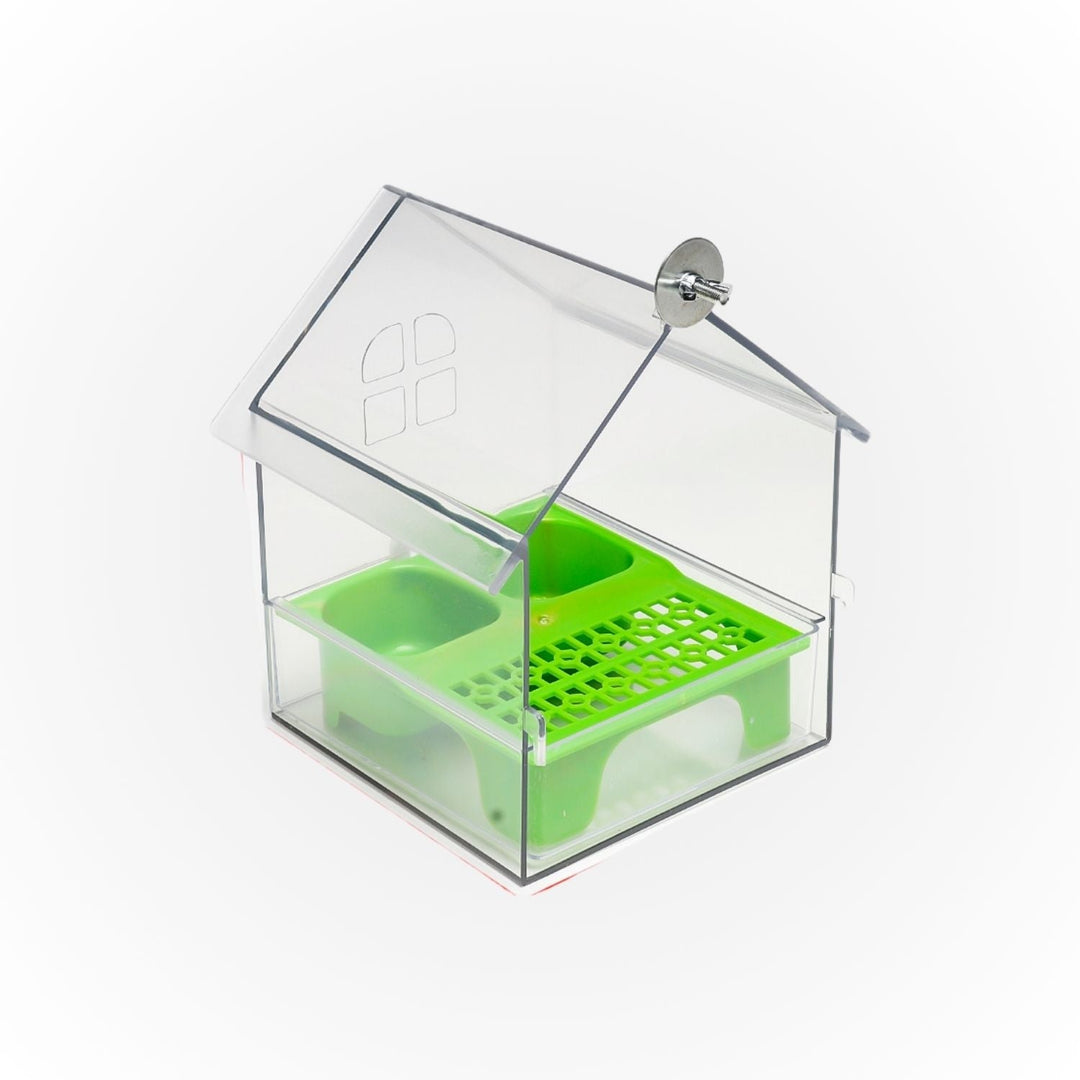 External bird feeder and bathhouse – space-saving anti-spill feeding solution | Bowlift