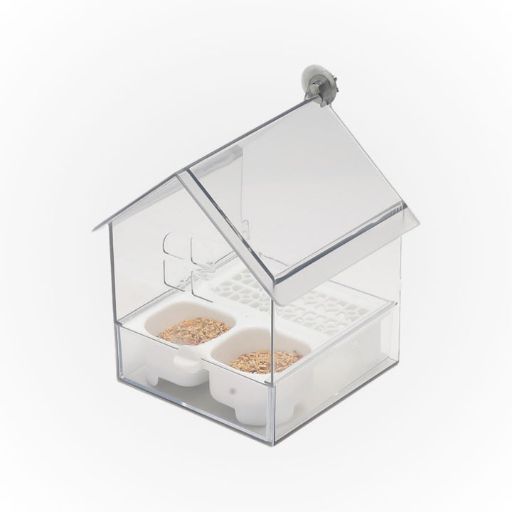 External bird feeder and bathhouse – space-saving anti-spill feeding solution | Bowlift