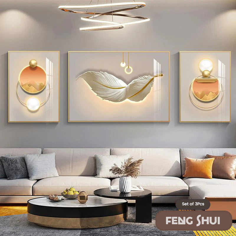 Set of 3 Pcs Modern Aesthetics Triptych Light Luxury Feather Abstract Wall Art Fine Art Canvas Prints Feng Shui Pictures For Modern Living Room | Bowlift