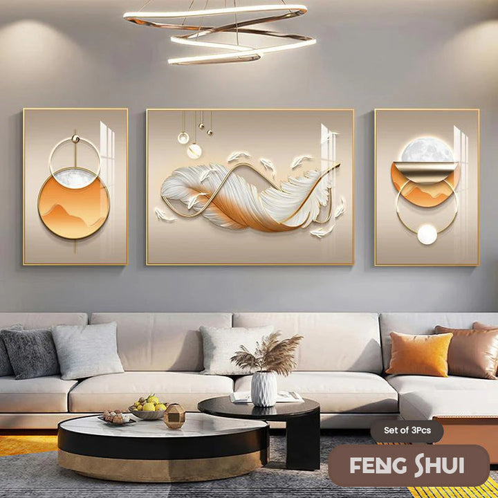 Set of 3 Pcs Modern Aesthetics Triptych Light Luxury Feather Abstract Wall Art Fine Art Canvas Prints Feng Shui Pictures For Modern Living Room | Bowlift