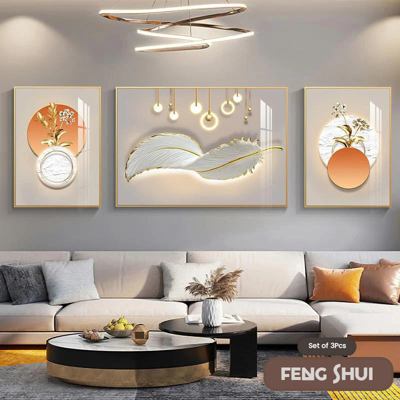 Set of 3 Pcs Modern Aesthetics Triptych Light Luxury Feather Abstract Wall Art Fine Art Canvas Prints Feng Shui Pictures For Modern Living Room | Bowlift