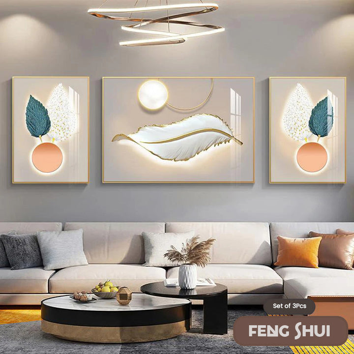 Set of 3 Pcs Modern Aesthetics Triptych Light Luxury Feather Abstract Wall Art Fine Art Canvas Prints Feng Shui Pictures For Modern Living Room | Bowlift