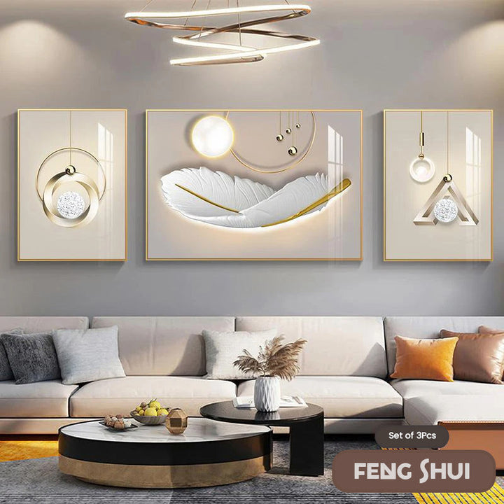 Set of 3 Pcs Modern Aesthetics Triptych Light Luxury Feather Abstract Wall Art Fine Art Canvas Prints Feng Shui Pictures For Modern Living Room | Bowlift