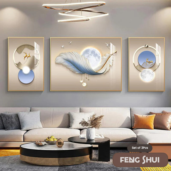 Set of 3 Pcs Modern Aesthetics Triptych Light Luxury Feather Abstract Wall Art Fine Art Canvas Prints Feng Shui Pictures For Modern Living Room | Bowlift