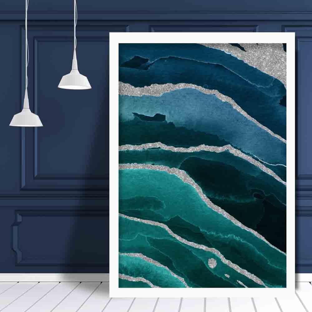 Abstract Teal Blue & Silver No. 2 Art Print | Bowlift