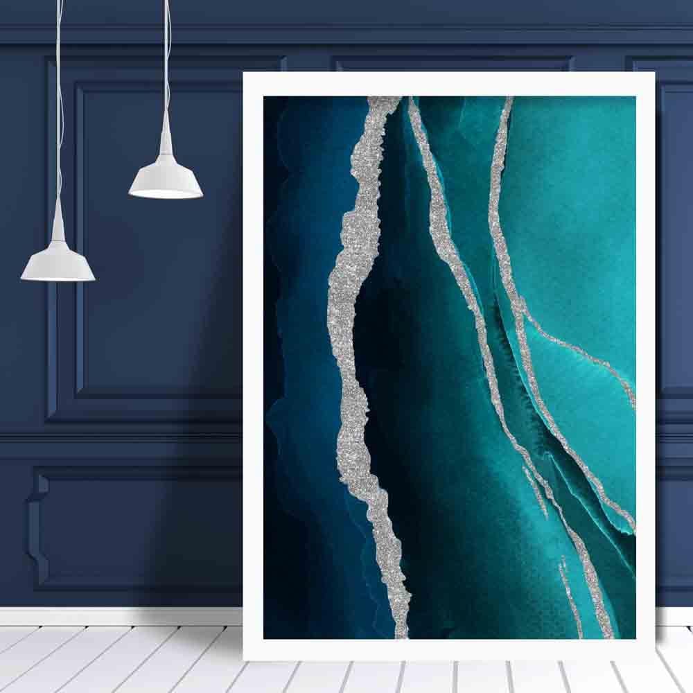 Abstract Teal Blue & Silver No. 1 Art Print | Bowlift