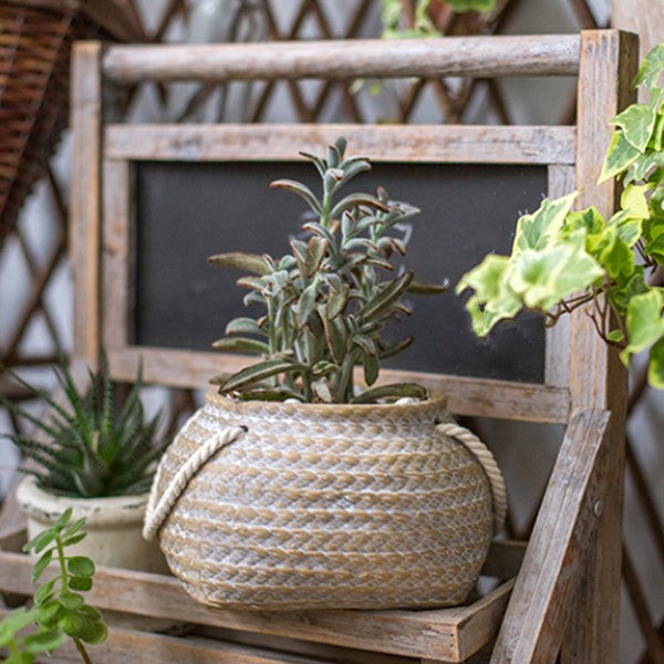 BowLift | Ceramic Plant Pot in Hemp Bag Design with Rope Handles – Decorative Flower Pot for Garden and Home