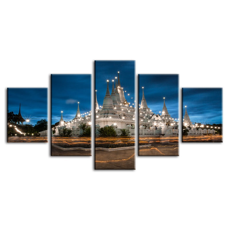 5 Piece Beautiful Temple Night Time - Canvas Wall Art Painting | Bowlift